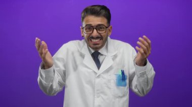 Beyaz önlüklü İspanyol bilim adamı, stüdyoda mor arkaplan ile omuz silkiyor; belirsizlik.
