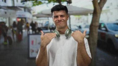 Şehir caddesindeki terasta oturan İspanyol genç adam, dışarıda canlı bir restoranda kulaklıklarla mola veriyor..