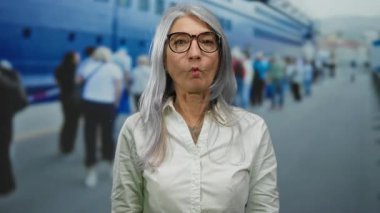 Gri saçlı yaşlı bir kadın limanda komik bir surat yapıyor, deniz kenarında bir yolcu gemisinin yanında duruyor, denizcilik ortamında neşe ve neşe ifade ediyor..