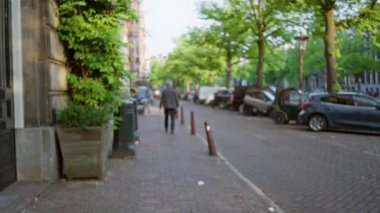 Bulanık şehir sahnesinde, parlak güneş ışığı altında ağaçlarla kaplı bir kaldırım kenarında yürüyen bir adam görülüyor..