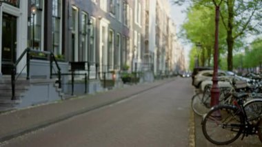 Park halindeki bisikletlerin kaldırım taşı yolu ve canlı yeşil ağaçların altında klasik Avrupa mimarisinin oluşturduğu bulanık Amsterdam caddesi manzarası.