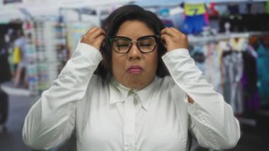 Kalabalık bir pazar yerinde, gözlüklü, beyaz tişörtlü, şehir çevresinin bulanık olduğunu belirten şaşkınlığını ifade eden bir kadın..