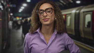 Tren peronunda duran mor gömlekli kadın, yoğun tren istasyonunda onay verdi..