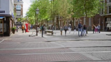 Bulanık şehir manzarası, tarihi mimari ve yeşillik ile hareketli bir caddede yürüyen ve bisiklet süren insanları canlı bir şehir atmosferi yaratırken yakalıyor..