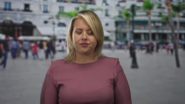 Sarı saçlı, pembe tişörtlü bir kadın şehir meydanında eli dolu ağzını kapatıyor. Sürpriz..