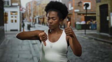 Bir kadın şehir caddesinde bir aşağı bir yukarı hareket ediyor, karışık duyguları şehir arkaplanı ile dışarı taşıyor..