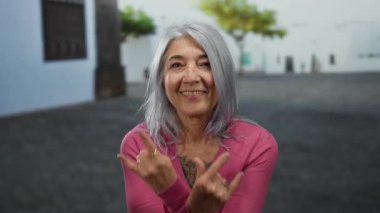 Gri saçlı yaşlı kadın canlı bir sokak ortamında taştan jest yapıyor. Pembe bir kazak giyiyor. Sıradan bir şehir ortamında neşe ve güven saçıyor..