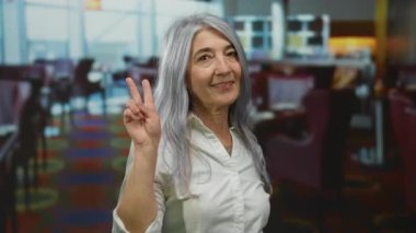 Gri saçlı yaşlı kadın, kapalı bir restoran ortamında barış işareti yapıyor. Renkli dekorlar ve modern iç tasarım arasında pozitiflik ve güven yayıyor..