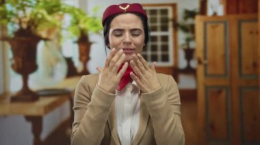 Uçuş görevlisi üniformalı bir kadın, sıcak bir oturma odasında elleri ile korkusunu ifade ediyor. İçerde ortaya çıkan ürkütücü bir durumu ima ediyor..