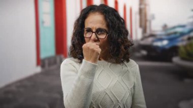 Kıvırcık saçlı olgun bir kadın şehir manzarası bulanık bir sokakta hayal kırıklığına uğramış gibi görünür.