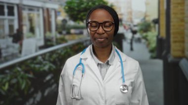 Stetoskop ve gözlüklü beyaz önlüklü kadın doktor arka planda binalar ve bitkilerle güvenli bir şekilde kameraya gülümsüyor..
