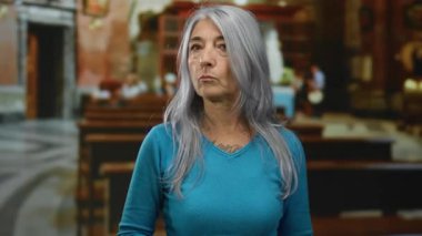 Mavi kazaklı, gri saçlı bir kadın kilisenin içinde duruyor. Etrafı sıralarla çevrili. Olgunluk bilgeliği ve sessiz tefekküre odaklanmış dingin bir ruhani atmosfer yaratıyor..