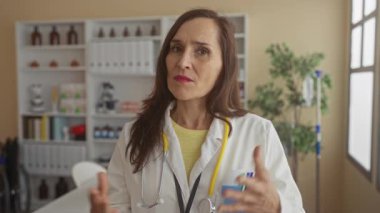 Klinikte steteskop takan kadın doktor, tıbbi bir ortamda profesyonel olarak konuşuyor. Arkasında raflar ve ekipmanlar var..