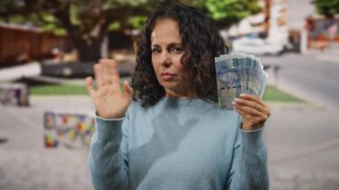 Orta yaşlı bir kadın, güney Afrika 'da bir sokakta, kameraya karşı çeşitli ifadeler gösteriyor. Para yönetimi veya finansal kararları öneriyor..