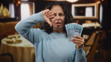 Lokantada orta yaşlı bir kadın Çin Yuan banknotlarını gösteriyor. Bu da hoşnutsuzluğu, maddi kaygıları ya da para biriminden memnuniyetsizliği gösteriyor..