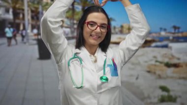 Üniformalı genç İspanyol kadın doktor elleri deniz kenarında steteskopla gezerken plaja yakın yerlerde olumlu duygular göstererek kalp hareketi yapıyor..