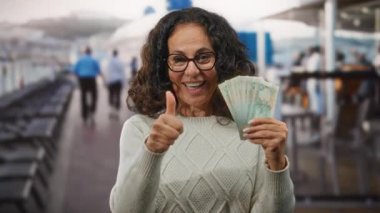 Teknede gülümseyen bir kadın liman ortamında parmaklarını kaldırarak mutluluğu ve başarıyı işaret ediyor..