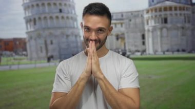 İtalya 'da pisa kulesinin önünde gülümseyen genç bir adam. Elleri birbirine kenetlenmiş, sakin bir ifade ve canlı bir tarihi eser sergiliyor..