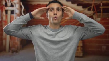 Genç İspanyol bir adam gri bir süveter giyiyor. Duvarların ve bitmemiş merdivenlerin olduğu bir inşaat alanında enerjik bir şekilde el kol hareketi yapıyor..