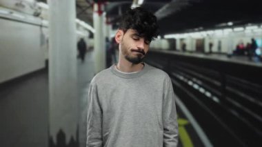 Düşünceli bir ifadeyle, kapalı bir tren istasyonunda duran, gri bir kazak giyen, şehir ortamında bulanık gezginlerle çevrili genç İspanyol bir adam..