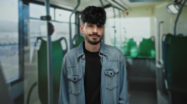 Kot gömlekli genç adam, yeşil koltuklu ve arka planda bulanık pencereli bir şehir otobüsünün içinde, rahat ve kentsel bir atmosfer taşıyor..