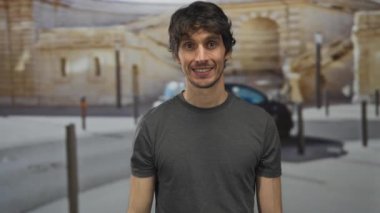 Gün ışığında gülümseyen yüzüyle eski kasaba sokaklarında el sallayan genç adam barış işareti yapıyor..