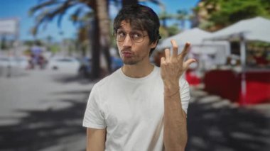 Beyaz tişört giyen ve gözlüklü bir adam, güneş ışığı altında düşünceli bir şekilde çeneye dokunur..