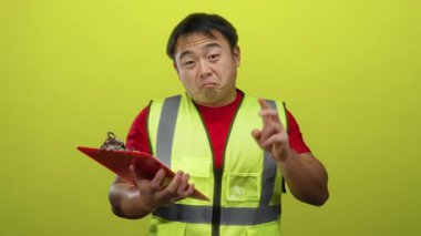 Korumalı yelek giyen Asyalı genç adam, belirsizlik ve şaşkınlık ifadesi gösteren izole edilmiş sarı arka plana karşı elinde bir pano tutuyor..