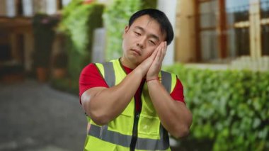 Şehir sokaklarında dinlenen genç bir adam yansıtıcı yelek ve kırmızı gömlek giyiyor. Gözleri yeşil ve arka planda bulanık binalar arasında kapalı..