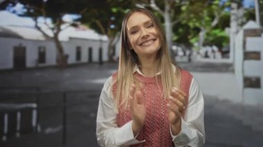 Güneşli bir günde açık havada, sakin bir sokak arkaplanıyla gülümseyen, pembe bir kazak ve beyaz gömlek giyen bir kadın, şehir ortamının tadını çıkarırken neşeli ve rahat görünüyor..