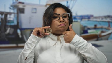 Şişman bir kadın deniz kıyısında kripto para tutuyor, gözlük ve beyaz gömlek giyerken başparmağını kaldırıyor, genç ve Latin kökenli..