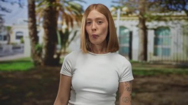 Beyaz tişörtlü genç sarışın kadın palmiye ağaçlarının altındaki bir parkta balık yüzüne dudaklarını büzüyor; neşe eğlencesi.