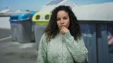 Süveter giyen bir kadın, açık gökyüzünün altında geri dönüşüm kutularıyla şehir caddesinde düşünceli bir şekilde duruyor..