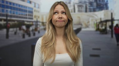 Marsilya caddesinde modern binaların ve kalın binaların yakınındaki el hareketlerini silkeleyen çıplak bir kadın..