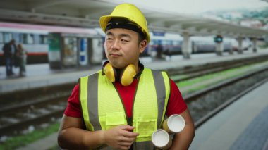 Yansıtıcı yelek ve şapka giyen genç adam, yoğun tren istasyonu platformunda planlar tutuyor, düşünceli ve inşaat veya demiryolu projelerine odaklanmış görünüyor..