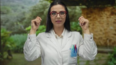 Üniformalı İspanyol kadın bilim adamı, bir park düzenine şaşırmış görünüyor. Elleri havada, keşfini ifade ediyor..