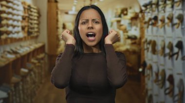 Duygularını ifade eden bir kadın, raflarla dolu, hareketli bir ayakkabı mağazasında bir anlık sürpriz ve nişan iletiyor..