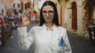 Beyaz üniformalı kadın bilim adamı şüpheli bir ifadeyle test tüpünü sokakta inceliyor, kentsel bilimsel keşifler gösteriyor..