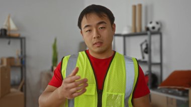 Parlak yelek giyen genç adam modern bir oturma odasında el kol hareketleri yapıyor. Rafları ve dekorları görünür..