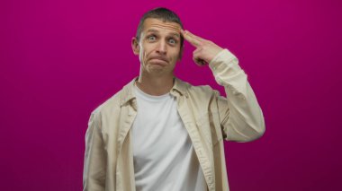 Canlı pembe bir arkaplan karşısında beyaz gömlek ve ceket giyen bir adam, stüdyoda neşeli bir ruh hali içinde hareket ediyor..