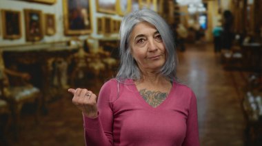 Pembe kazaklı, gri saçlı ve dövmeli son sınıf öğrencisi bir kadın müzenin içinde ilginç bir ifadeyle yan tarafı işaret ediyor..