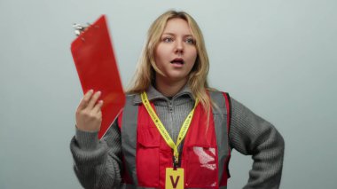 Beyaz arka planda kırmızı pano tutan, gri kazak ve kırmızı yelek giyen, kendini işine adamış genç bir gönüllüyle izole edilmiş bir sahneyi gösteren gönüllü bir kadın..