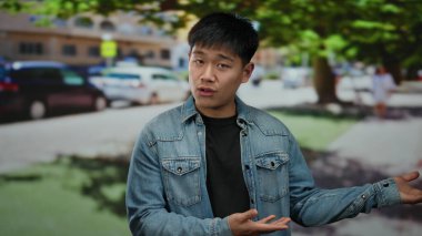 Kot ceketli genç adam yoğun şehir caddesinde parkedilmiş arabalar ve yemyeşil otlar arasında el kol geziyor..