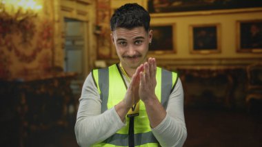 Yansıtıcı yelek giyen genç İspanyol adam müze noktalarında gönüllü olarak kendini ifade etmeye çalışıyor..
