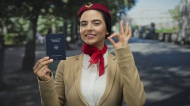 Alman pasaportu taşıyan üniformalı kadın parkta iyi bir jest gösteriyor. Kendine güvenerek seyahat etmeyi öneriyor..