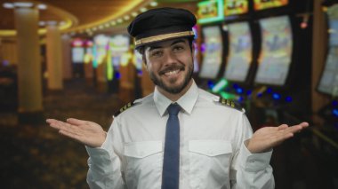 Üniformalı, sakallı, elleri kapalı bir kumarhane ortamında gülümseyen kendinden emin genç bir adam..