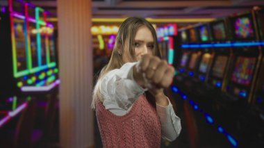 Sarışın kadın yumrukları havada renkli kumar makineleriyle çevrili canlı bir kumarhanede boks yapıyor..