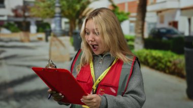 Şaşırmış bir ifadeye sahip genç gönüllü bir kadın dışarıda bir parkta kırmızı bir pano tutuyor..