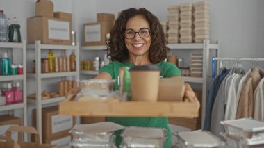 Yeşil üniformalı bir kadın, hayır kurumunun gönüllü odasında yemek tepsisi tutarak gülümsüyor. Etrafında raflar ve giysiler var. Etkin katılım ve samimiyeti gösteriyor.