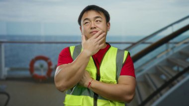 Yolcu gemisinde yansıtıcı yelek giyen bir adam okyanus manzarasına karşı düşünceli bir ifade takınarak sükunet ve yansımayı öneriyor..